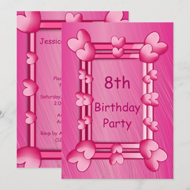 Invitation Joli Coeur rose Fille encadré 8e anniversaire (Devant / Derrière)