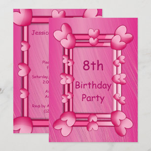 Invitation Joli Coeur rose Girly encadré 8e anniversaire