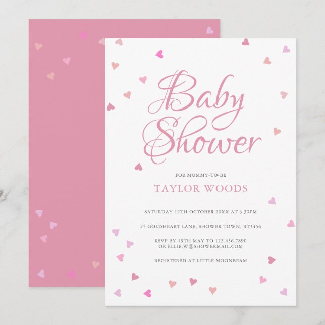 Invitation Joli Coeurs d'amour rose Baby shower / Saupoudrer (Devant / Derrière)