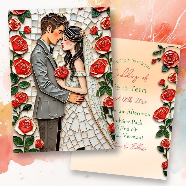 Invitation Joli Coral Roses Mosaic M. et Mme Mariage (Créateur téléchargé)