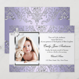 Invitation Joli Damask & Cross Purple Photo Baptism Invitatio