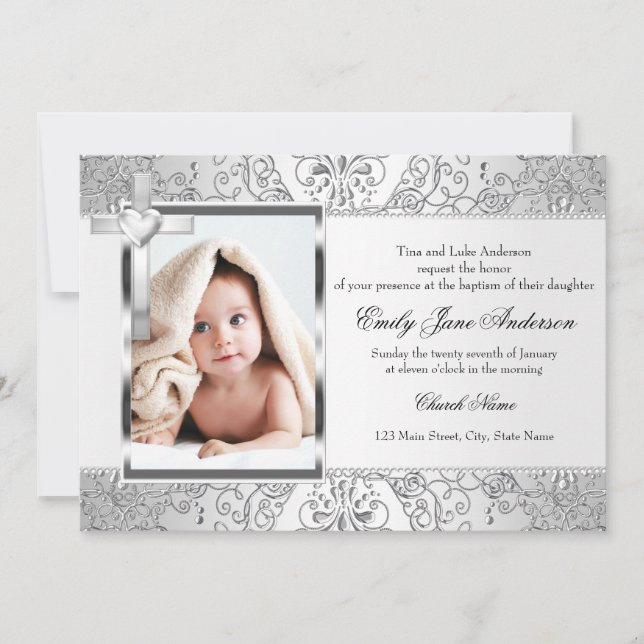 Invitation Joli Damask & Cross Silver Photo Baptism Invitatio (Devant)