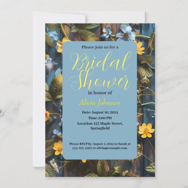 Invitation Joli design floral bleu et jaune (Devant)