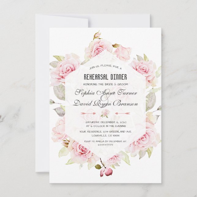 Invitation Joli dîner de répétition géométrique floral rose (Devant)