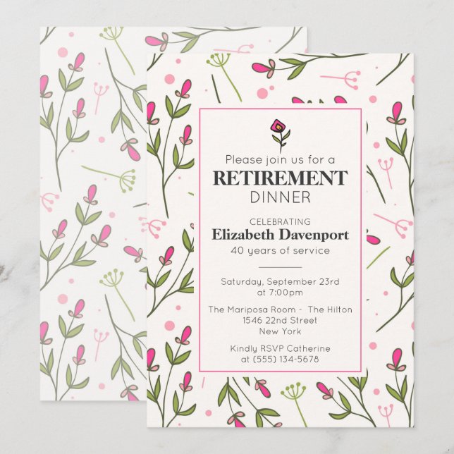 Invitation Joli dîner Fleur sauvage de retraite rose (Devant / Derrière)