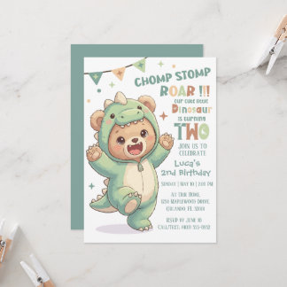 Invitation Joli Dinosaure Ours en Peluche | 2e Fête d'anniver