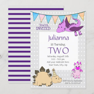 Invitation Joli Dinosaure violet fête d'anniversaire
