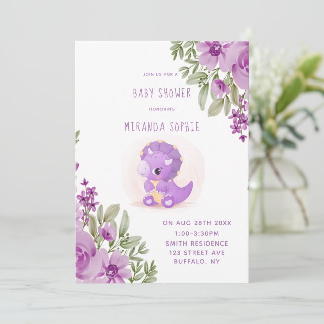 Invitation Joli Dinosaure violet Florals Baby shower fille (Debout devant)