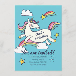 Invitation Joli Doodle d'anniversaire Rainbow Unicorn et Star