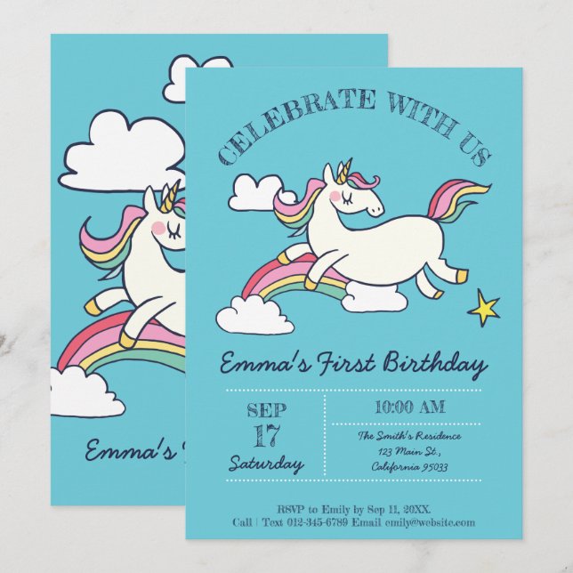 Invitation Joli Doodle d'anniversaire Rainbow Unicorn et Star (Devant / Derrière)