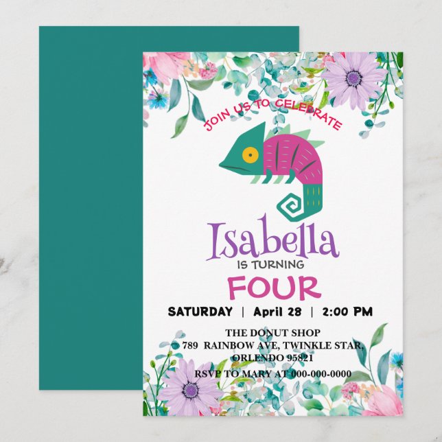 Invitation Joli dragon jungle Animaux Anniversaire Fleurs enf (Devant / Derrière)