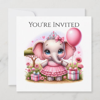 Invitation Joli éléphant d'anniversaire en Robe Rose et Tiara