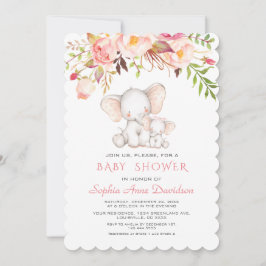 Invitation Joli Eléphant Fleurs roses Baby shower fille