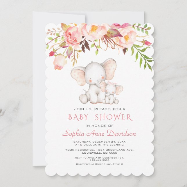 Invitation Joli Eléphant Fleurs roses Baby shower fille (Devant)