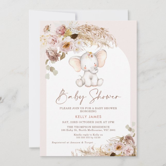 Invitation Joli éléphant Floral Pampas Boho Arch Baby shower (Devant)