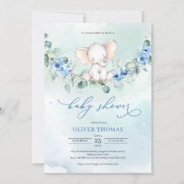 Invitation Joli éléphant garçon Fleurs bleu Dusty Eucalyptus
