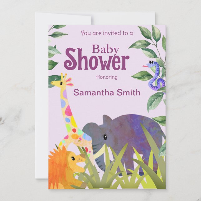 Invitation Joli Eléphant Lion Giraffe Baby shower de verdure (Devant)