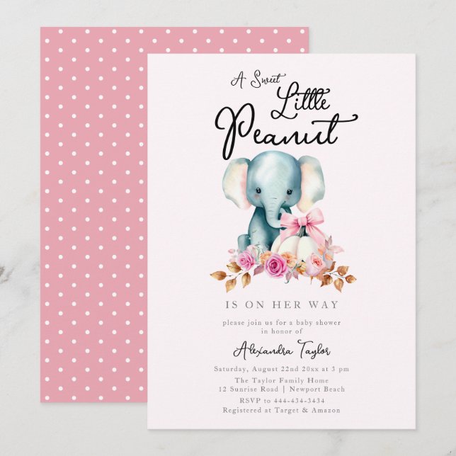 Invitation Joli éléphant rose Citrouille Automne Baby shower  (Devant / Derrière)