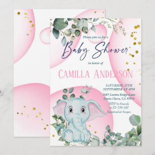 Invitation Joli éléphant Safari Jungle Wild Bubbles roses