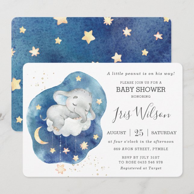 Invitation Joli Eléphant Sleepy Twinkle Star Baby shower garç (Devant / Derrière)
