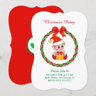 Invitation Joli elfe de Noël sur fond blanc, vert et rouge