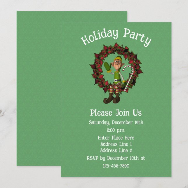 Invitation Joli Elfe sur Poinsettia Wreath Noël (Devant / Derrière)
