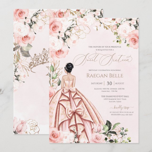 Invitation Joli en rose Blush Rose doux 16 Anniversaire (Devant / Derrière)