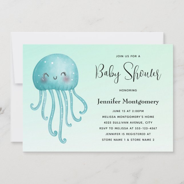 Invitation Joli et beau Baby shower de méduse bleu-vert (Devant)