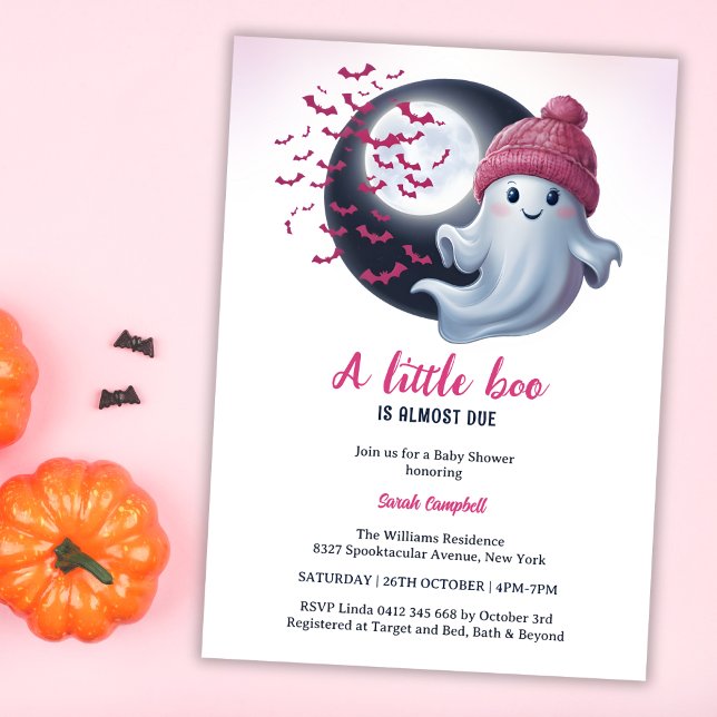 Invitation Joli Fantôme Un Petit Boo Halloween Baby shower Fi (Cute Ghost A Little Boo Is Almost Due Halloween-Themed Pink Girl Baby Shower Invitation)