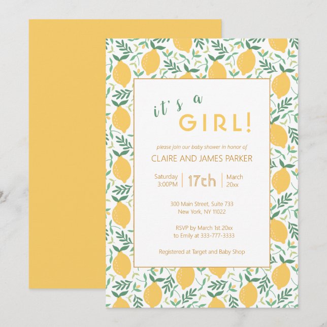Invitation Joli feuillage de citron jaune | Baby Girl Shower (Devant / Derrière)
