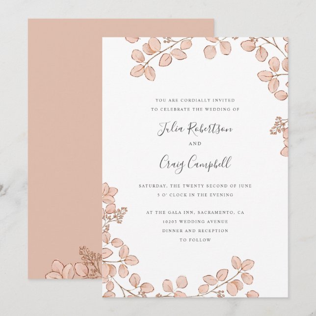 Invitation Joli feuille rose minuscule mariage Whimsical (Devant / Derrière)