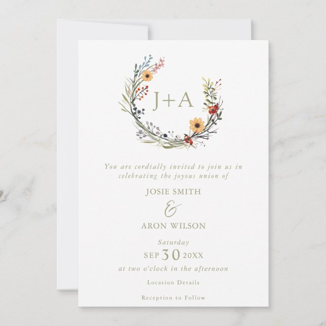 Invitation Joli fleur sauvage mariage des initiales de couron (Devant)