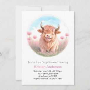 Invitation Joli Fleur sauvage rose Highland Cow Girl Baby sho