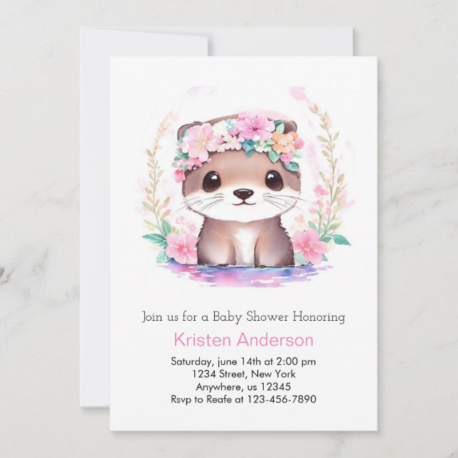 Invitation Joli Fleur sauvage rose Otter Baby shower de fille (Devant)