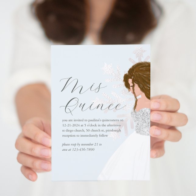 Invitation Joli Flocon de neige bleu hiver Cheveux foncé Mis  (Créateur téléchargé)