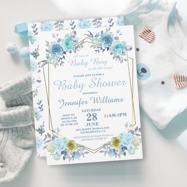 Invitation Joli Floral Bleu C'est un Baby shower garçon (Créateur téléchargé)