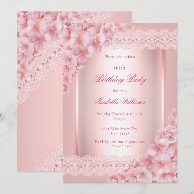 Invitation Joli Floral blush Dentelle rose Anniversaire (Devant / Derrière)