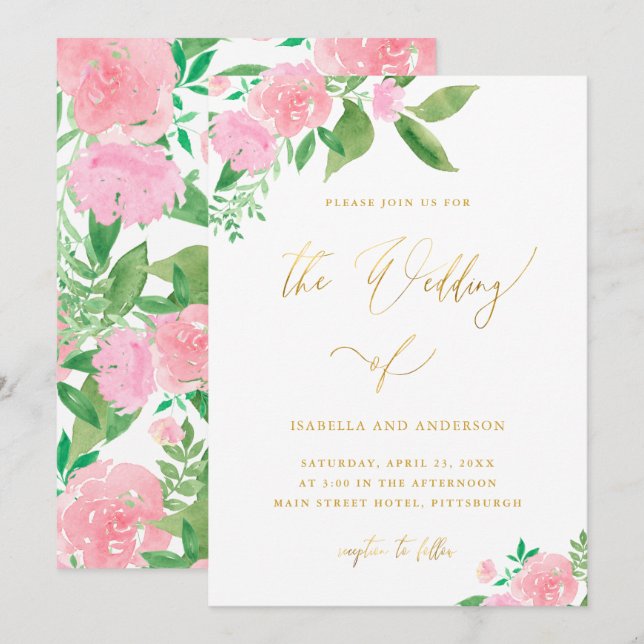 Invitation Joli Floral Faux Mariage de calligraphie or (Devant / Derrière)