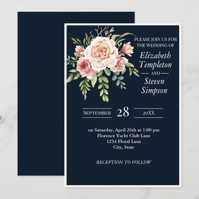 Invitation Joli floral moderne marine rose gras Mariage (Devant / Derrière)