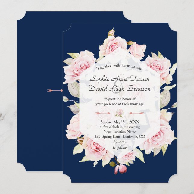 Invitation Joli flush Floral géométrique Marine Mariage bleu (Devant / Derrière)