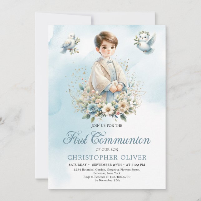 Invitation Joli garçon bleu fleurs blanches colombes Première (Devant)