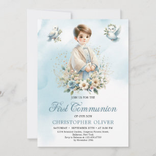 Invitation Joli garçon bleu fleurs blanches colombes Première