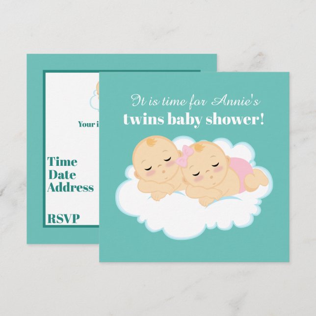 Invitation Joli garçon fille jumeaux baby shower (Devant / Derrière)