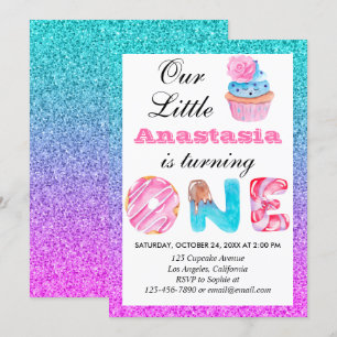 Invitation Joli gâteau bleu violet pailleté 1er anniversaire