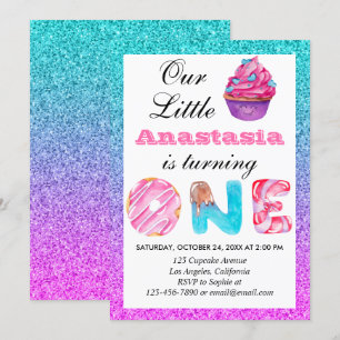 Invitation Joli gâteau bleu violet pailleté 1er anniversaire