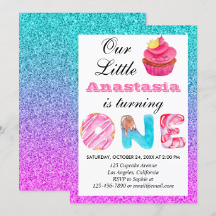 Invitation Joli gâteau bleu violet paillettes 1er anniversair