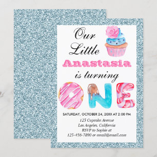 Invitation Joli gâteau light blue glitter 1er anniversaire