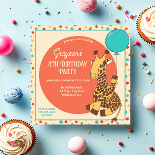 Invitation Joli girafe avec un ballon bleu pour l'anniversair