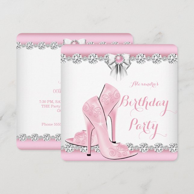 Invitation Joli Glamour rose Haut talons Anniversaire fête 2 (Devant / Derrière)