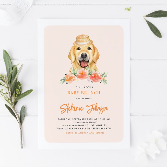 Invitation Joli Golden Retriever Peach Flowers Baby Brunch (Créateur téléchargé)